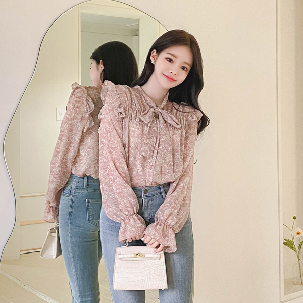 bs5671 화사한 플라워 프린팅의 바스트셔링과 프릴포인트 리본타이 요루쉬폰 블라우스 blouse