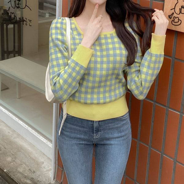 nt2608 상큼한 컬러 체크로 포인트를 준 스퀘어넥 퍼프 니트 knit