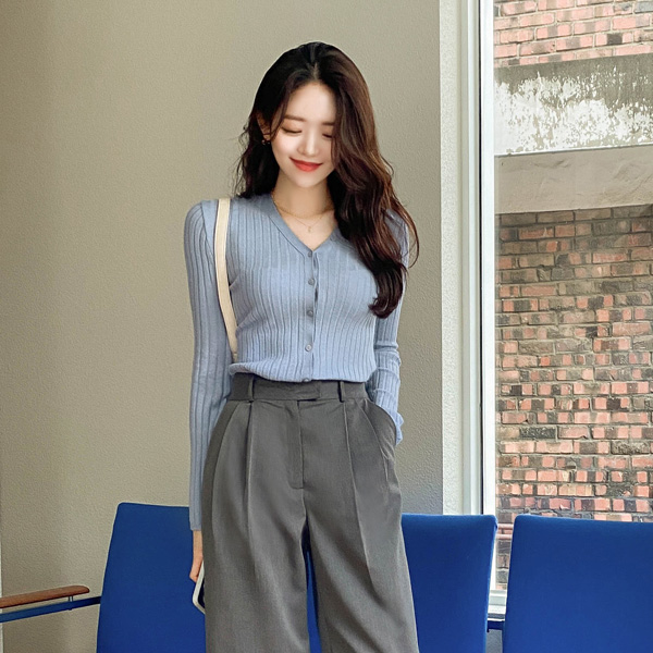 cd1662 센스있는 버튼 포인트로 완성된 슬림핏 골지 브이넥 가디건 cardigan