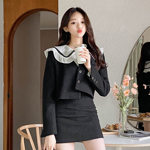 jk1444 트렌디한 무드의 브이넥 노카라 디자인 크롭기장 트위드 자켓 jacket