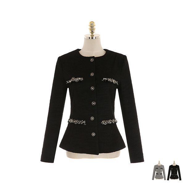 jk1433 감각적인 프린지 디테일이 돋보이는 노카라 트위드 자켓 jacket