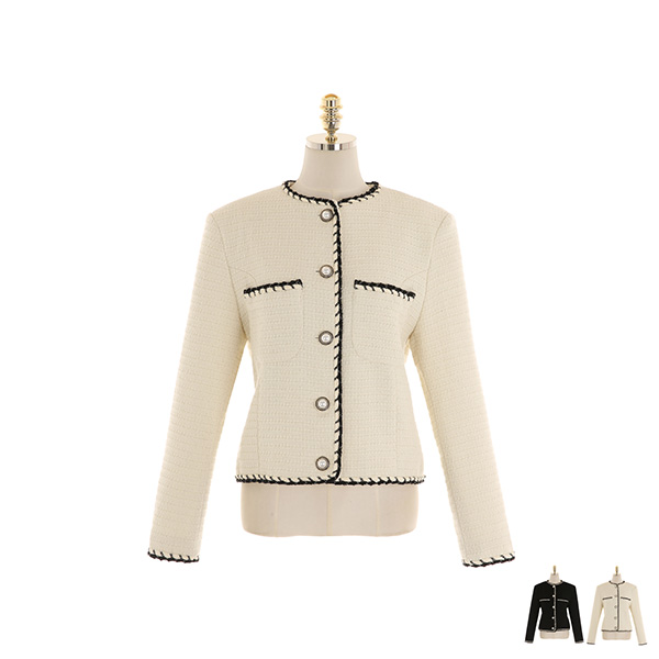 jk1436 깔끔한 배색 트리밍 포인트가 더해진 노카라 트위드 자켓 jacket