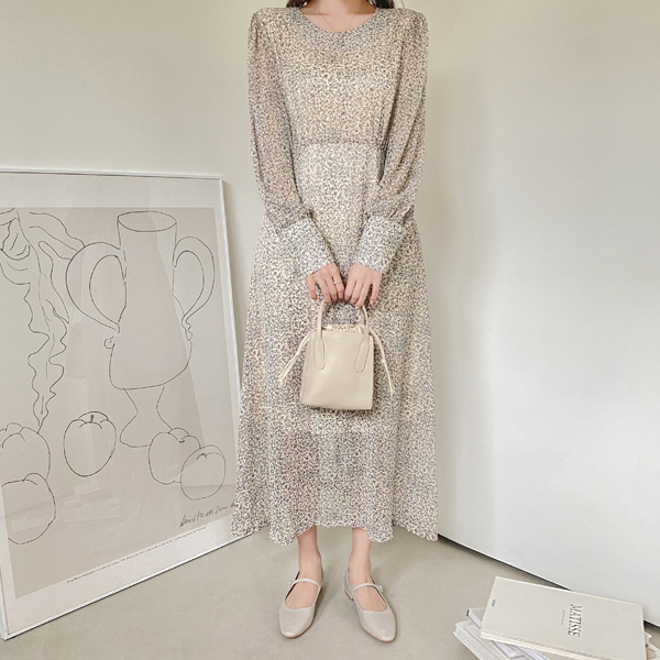 op10729 수수한 분위기의 잔꽃 쉬폰 패브릭 라운드넥 A라인 롱 원피스 dress