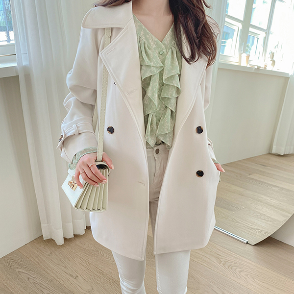 jk1459 프렌치 감성의 스트랩 세트 와이드 카라 더블버튼 하프 트렌치자켓 jacket