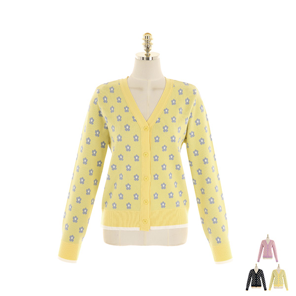 cd1668 화사하고 러블리한 플라워 패턴 포인트의 배색 브이넥 가디건 cardigan