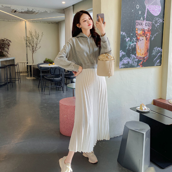 op10738 꾸안꾸룩으로 입기 좋은 허리스트링 디테일의 플리츠 배색 A라인 후드 롱원피스 dress