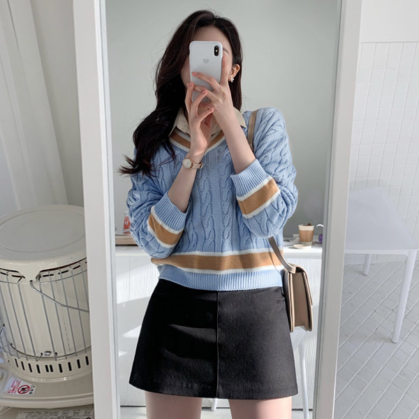 nt2627 센스있는 컬러믹스와 꽈배기 짜임으로 완성된 배색 V넥 니트 knit