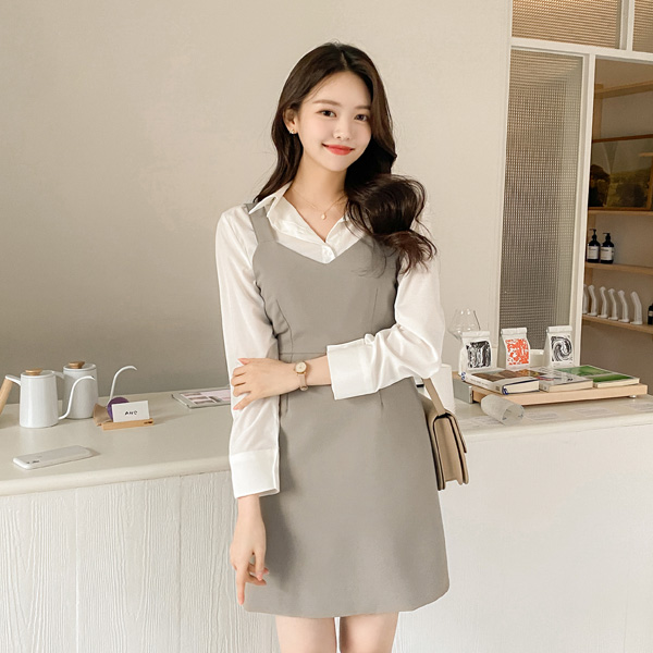 op10736 걸리시한 무드가 느껴지는 세미A라인 실루엣의 V넥 레이어드 원피스 dress