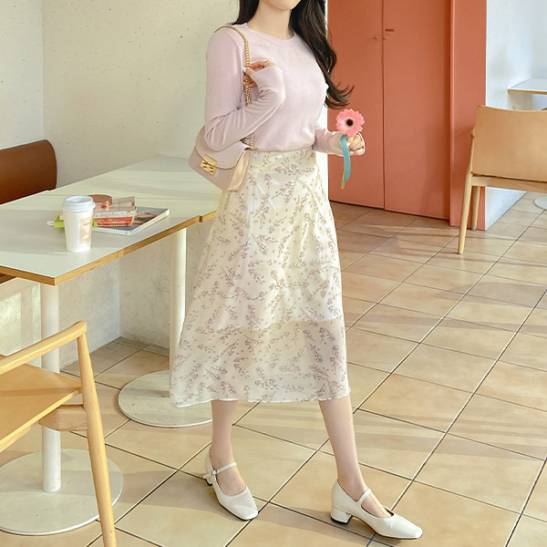 sk4615 서정적인 무드의 잔꽃 A라인 쉬폰 미디롱 스커트 skirt