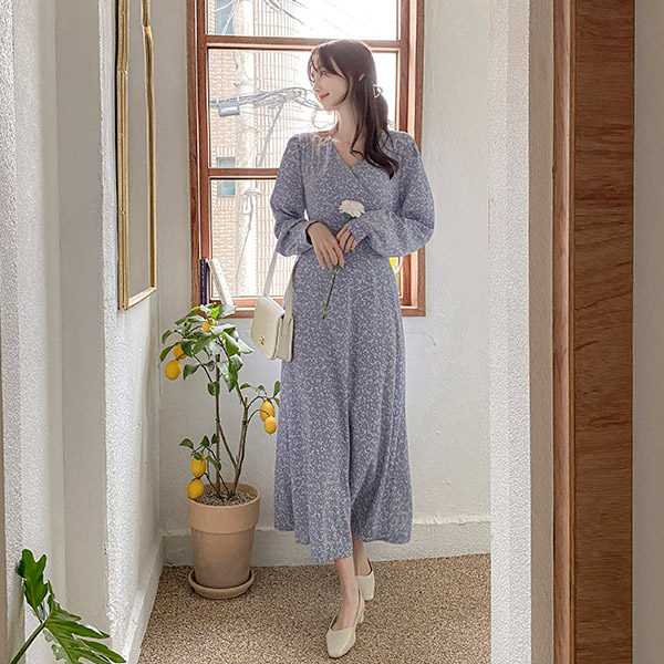 op10754 아카시아 플라워 스트랩 여리 V넥 롱원피스