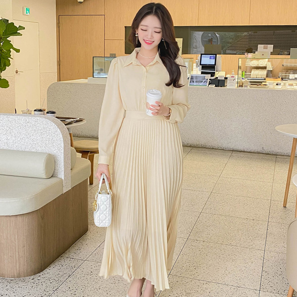 op10765 우아한 무드를 선사해줄 플리츠 디자인의 뒷리본 A라인 셔츠 롱원피스 dress
