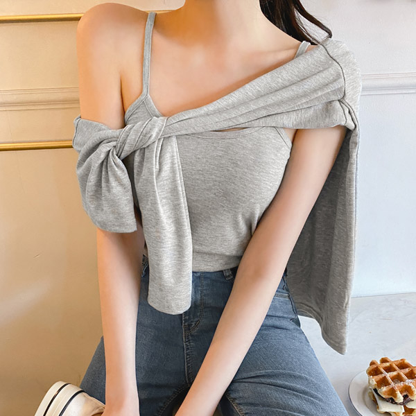 ts2372 다양한 연출이 가능한 끈나시와 루즈핏 티셔츠 구성의 투피스 세트 tee set
