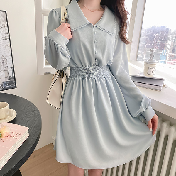 op10760 소녀감성 레이스 빅카라 포인트의 스모크 밴딩 플레어 미니 원피스 dress