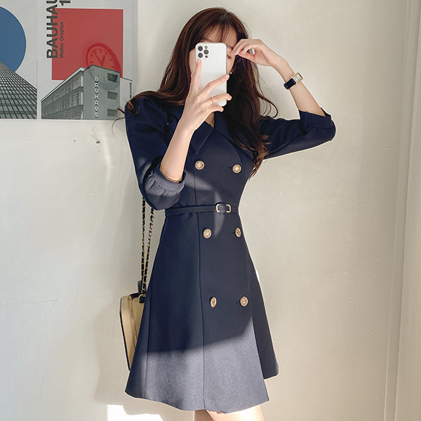 op10770 페미닌한 무드의 벨트세트 더블버튼 빅카라 V넥 A라인 미니 원피스 dress