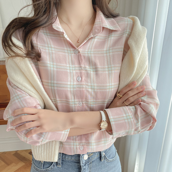 bs5721 청량한 터치감의 파스텔 컬러 체크 패턴 카라넥 셔츠 blouse