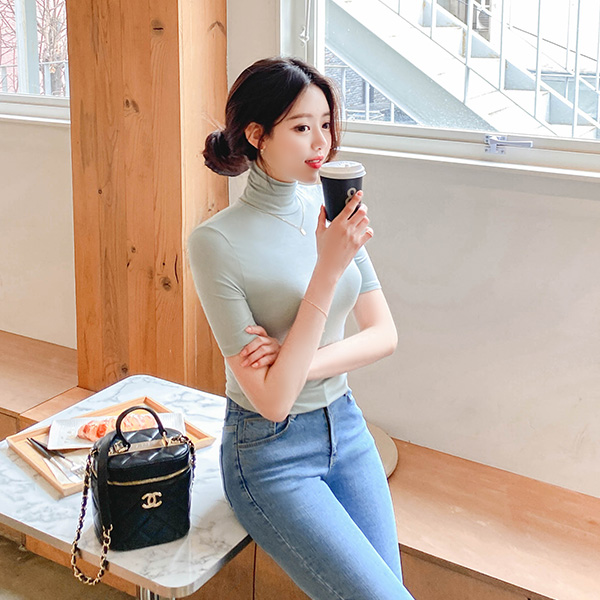 ts2368 기분좋은 터치감의 슬림핏 모달패브릭 폴라넥 반팔 티셔츠 tee