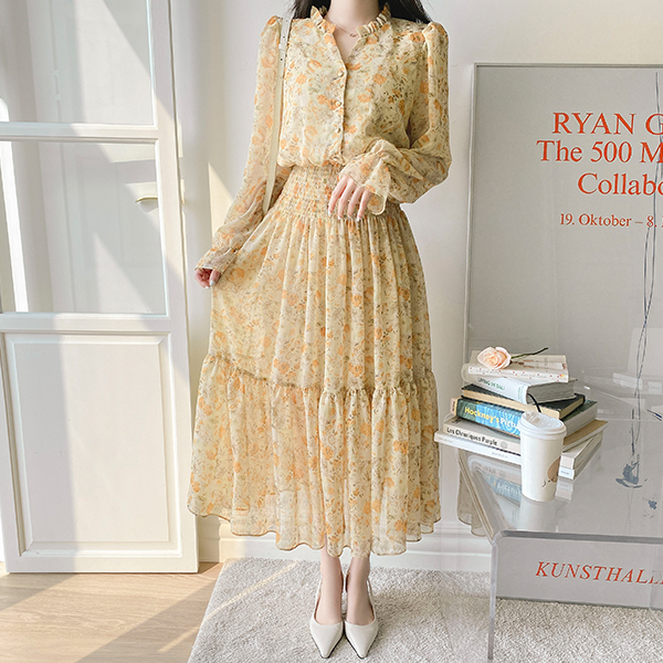 op10761 하늘하늘한 여성스러운 실루엣의 브이넥 스모크 롱 쉬폰 꽃 원피스 dress
