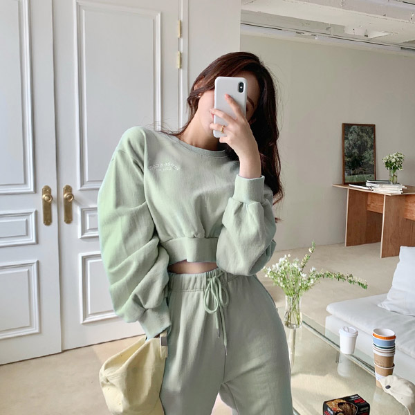 ts2378 캐주얼한 무드의 자수 레터링 포인트 루즈핏 라운드넥 크롭 맨투맨 tee