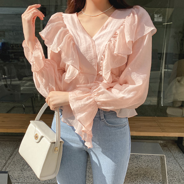 bs5734 사랑스러운 러플디자인의 V넥 텐셀 블라우스 blouse