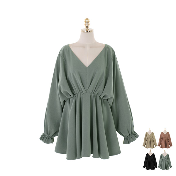 op10722 부드러운 피치소재와 내추럴 셔링 디테일의 브이넥 플레어 미니원피스 dress