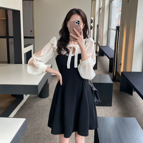 op10840 소매 트임 포인트의 시스루 배색 리본타이 플레어 미니 원피스 dress