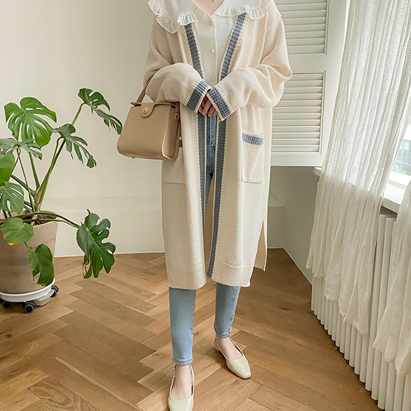 cd1708 체형커버까지 가능한 배색 라이닝 포인트 오픈 니트 롱 가디건 cardigan