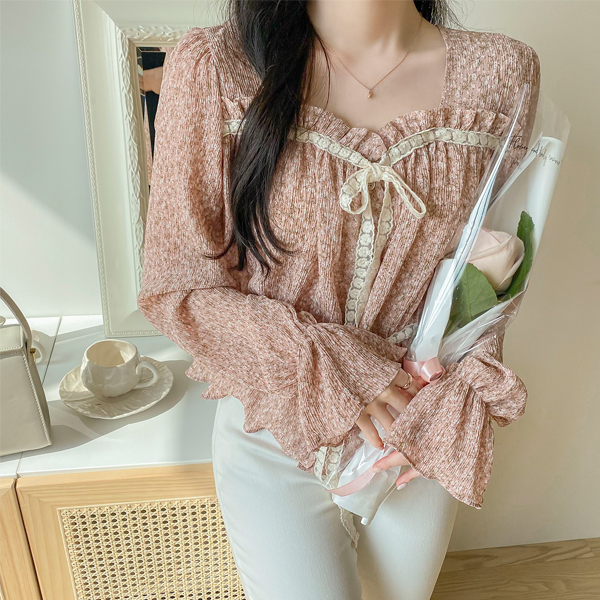 bs5742 로맨틱한 무드 가득한 이중 레이스 리본 미니 플라워 패턴 쉬폰 블라우스 blouse