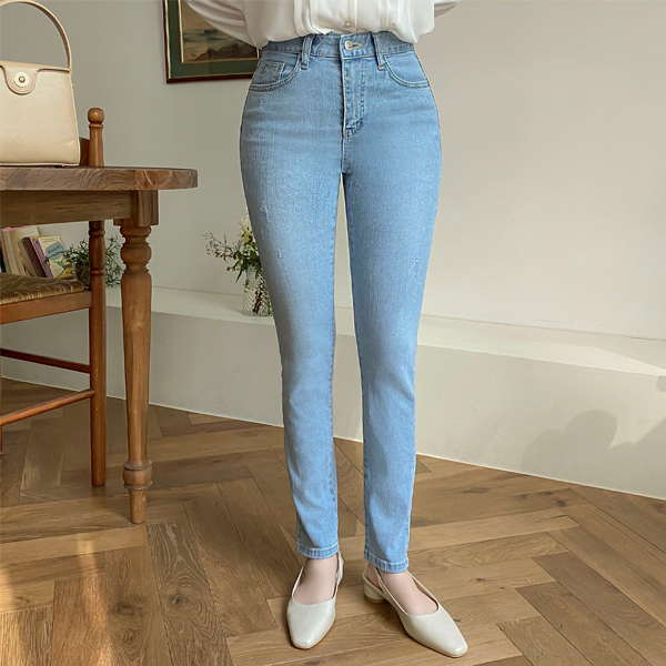 ps2659 맑은 컬러감의 하이웨스트 연청 슬림 일자핏 데님 팬츠 pants