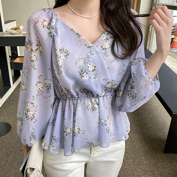 bs5745 화사한 플라워 패턴의 하트넥 앤 오프숄더 2way 스타일 랩 페플럼 블라우스 blouse