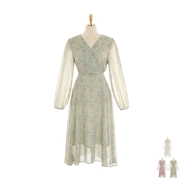 op10855 페미닌한 느낌의 브이넥 잔꽃 리본끈 플레어 쉬폰 롱원피스 dress