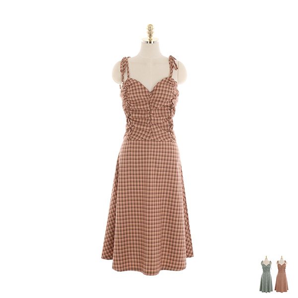 op10749 빈티지한 무드의 체크 패턴이 돋보이는 셔링 서스펜더 플레어 원피스 dress