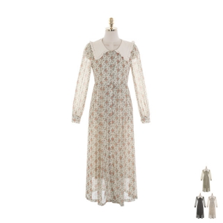 빈티지한 잔꽃 패턴으로 제작된 셔링 카라넥 롱 플레어 원피스 dress 