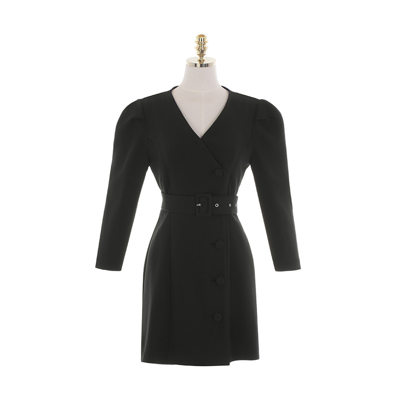 op10955 격식있는 룩으로 입기좋은 퍼프소매 브이넥 벨트 H라인 미니원피스 dress