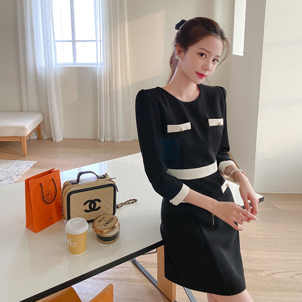 op10981 클래식한 무드의 페이크 포켓 장식의 7부 소매 A라인 배색 미니 원피스 dress