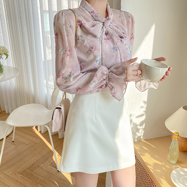 bs5833 사랑스러운 레이스 리본장식의 플라워패턴 숄카라 쉬폰 블라우스 blouse