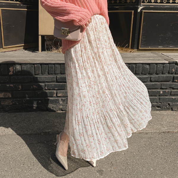sk4698 하늘하늘한 실루엣의 잔꽃 프린팅 주름 롱 스커트 skirt