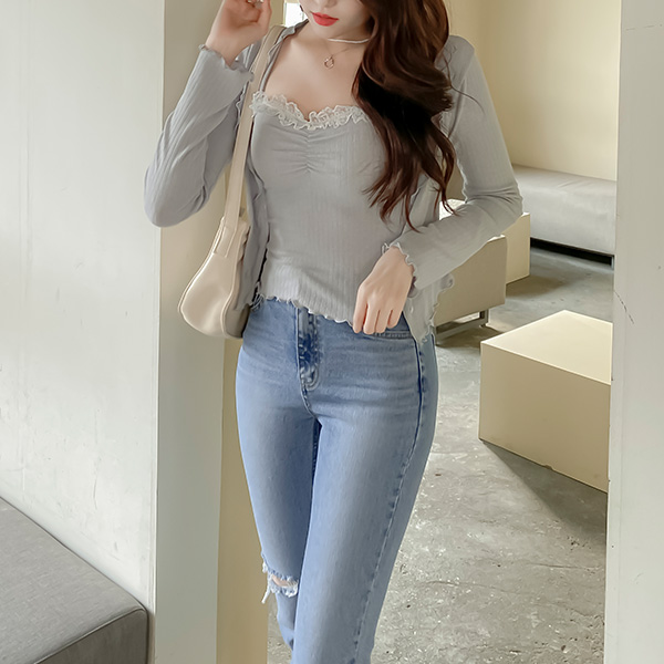 cd1756 앙증맞은 플라워 버튼의 크롭 가디건과 레이스 넥포인트 나시 세트 cardigan set