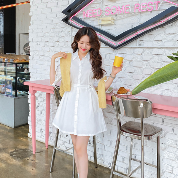 op11061 산뜻한 컬러감이 돋보이는 D링 벨트세트 구성의 7부소매 A라인 셔츠 미니 원피스 dress