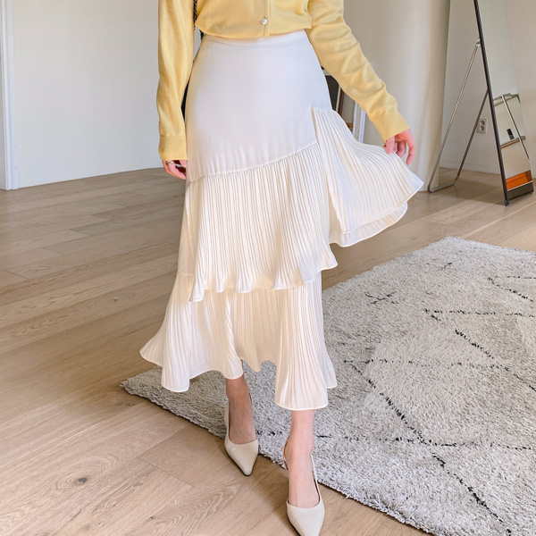 sk4702 여성스러운 실루엣을 선사해주는 뒷밴딩 2단 언발 플리츠 프릴 캉캉 롱 스커트 skirt