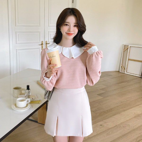 bs5873 단아한듯 러블리한 무드의 꽃잎을 연상시키는 라운드 언발 카라 배색 디자인 블라우스 blouse
