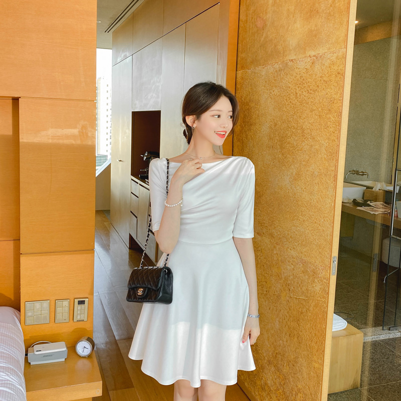 로맨틱한 드레이프 쉐입의 2way 스타일 5부소매 보트넥 플레어 미니 원피스 dress 벚꽃룩