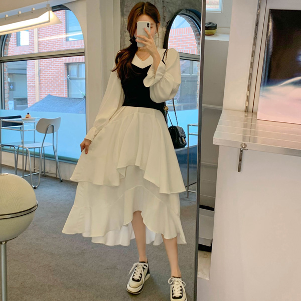 op11083 러블리한 무드를 담은 리본 뷔스티에 세트 구성의 A라인 언발 캉캉 롱원피스 dress set
