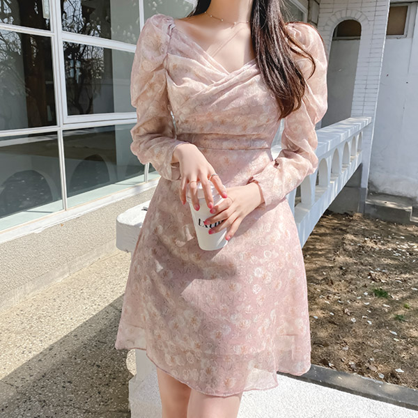op11085 영롱한 샤인 플라워 패턴과 랩디자인의 2way 스타일 요루쉬폰 A라인 미니 원피스 dress