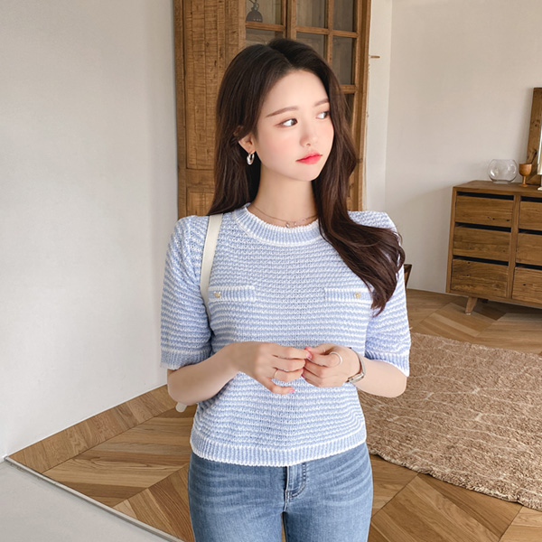 nt2682 화사한 파스텔톤의 트위드 짜임과 골드버튼 포인트의 라운드넥 반팔 니트 knit