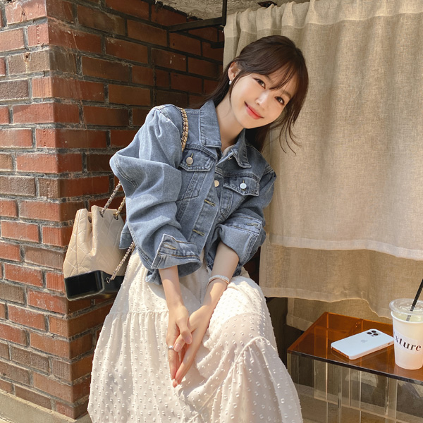 jk1551 트렌디한 크롭 기장감의 퍼프숄더 포인트 데님자켓 jacket