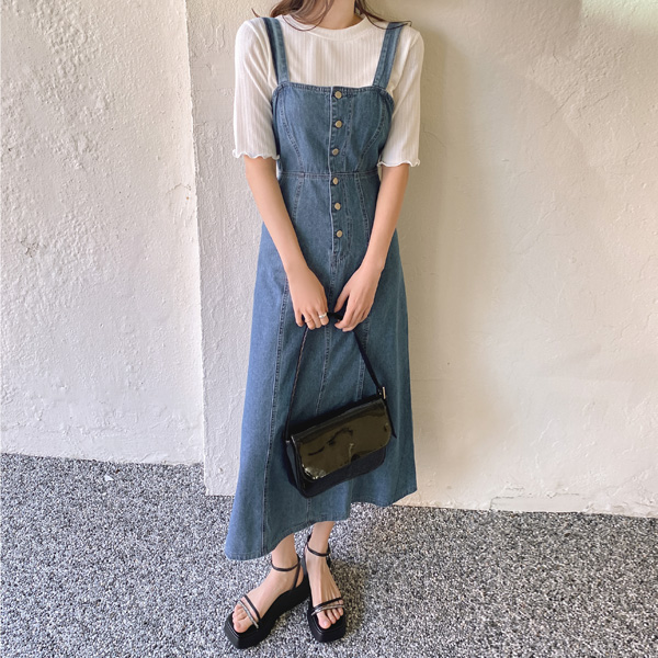 op11127 걸리쉬한 무드의 서스펜더 데님 롱 원피스 dress