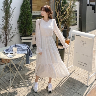 ドットティアードロングワンピース 