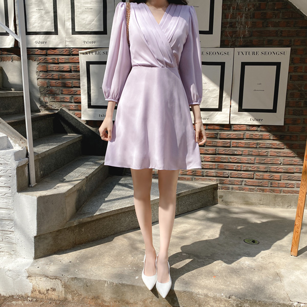 op11132 설레임이 느껴지는 핀턱 랩 디자인의 A라인 미니 원피스 dress