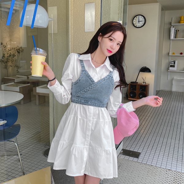 op11137 트렌디한 데님 뷔스티에와 플레어라인 캉캉 미니 원피스 레이어드 세트 dress set
