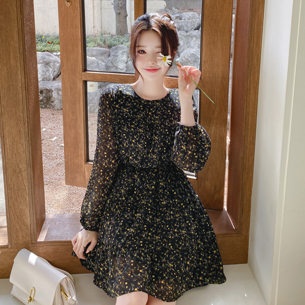 op11151 러블리한 무드의 스트랩 세트 구성 은은한 플라워 패턴 캉캉 미니 쉬폰 원피스 dress